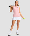 zip up racerback polo tank in light pink - on model view