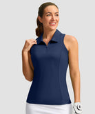 zip up racerback polo tank in navy - front view