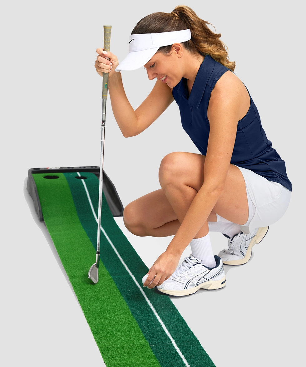 zip up racerback polo tank in navy - on model view