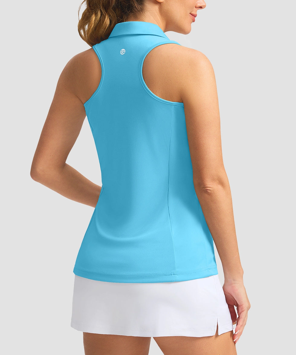 zip up racerback polo tank in sky blue - back view